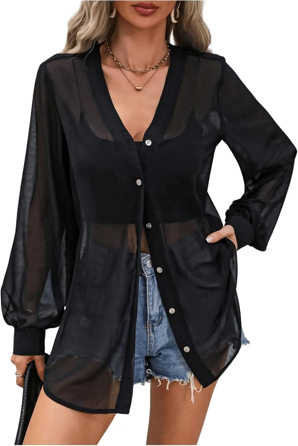 OYOANGLE Women's Sheer Button Front Long Sleeve See Through Chiffon Blouse Shirt Tops