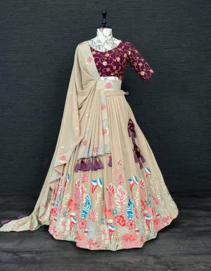 Pastel Brown Floral Georgette Embroidery Lehenga Choli