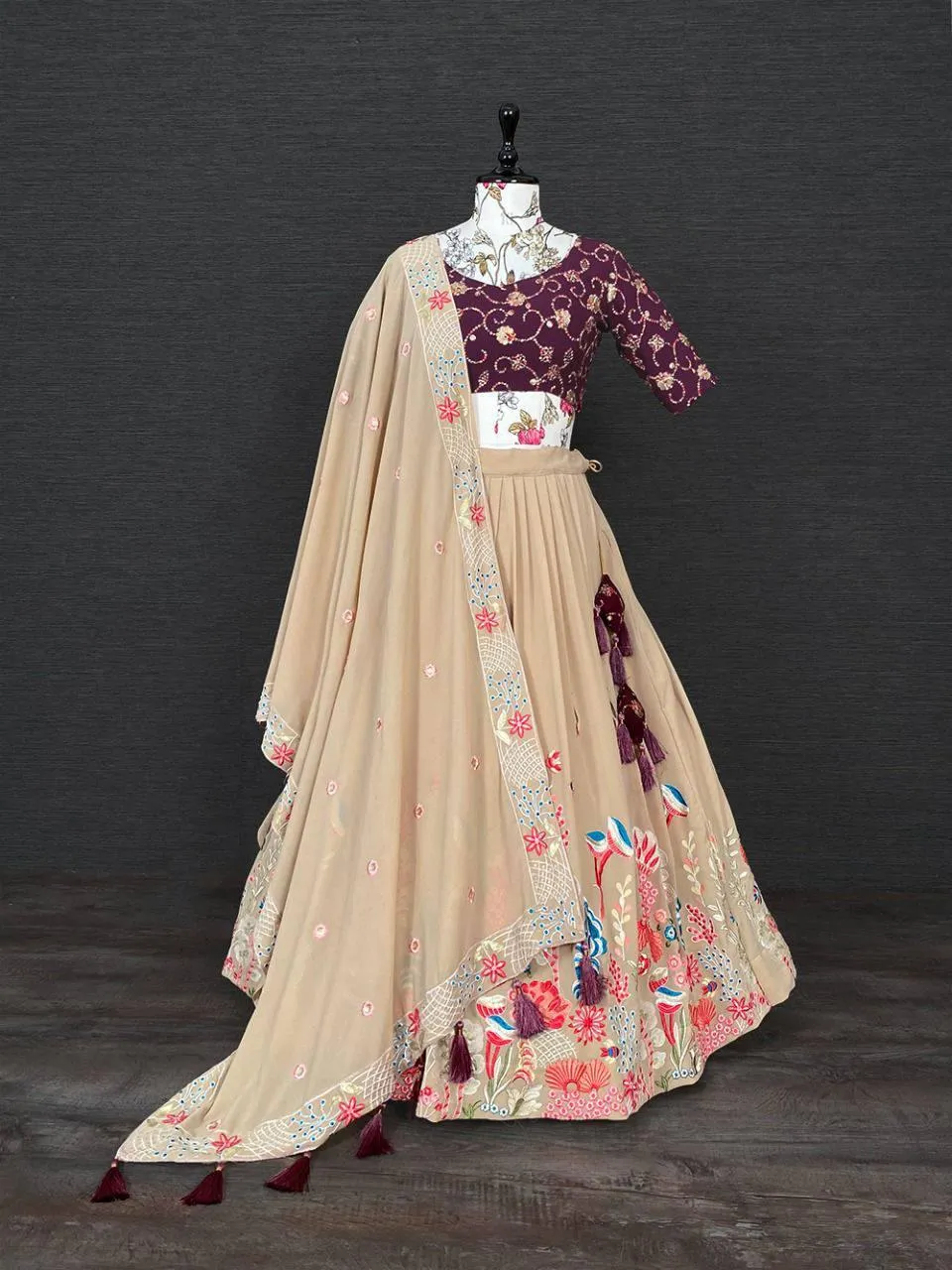 Pastel Brown Floral Georgette Embroidery Lehenga Choli