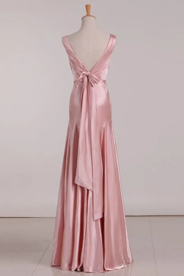 Pink V Neck Satin Backless Long Party Dress Bridesmaid Dress