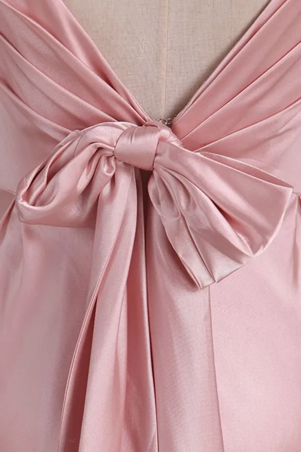 Pink V Neck Satin Backless Long Party Dress Bridesmaid Dress
