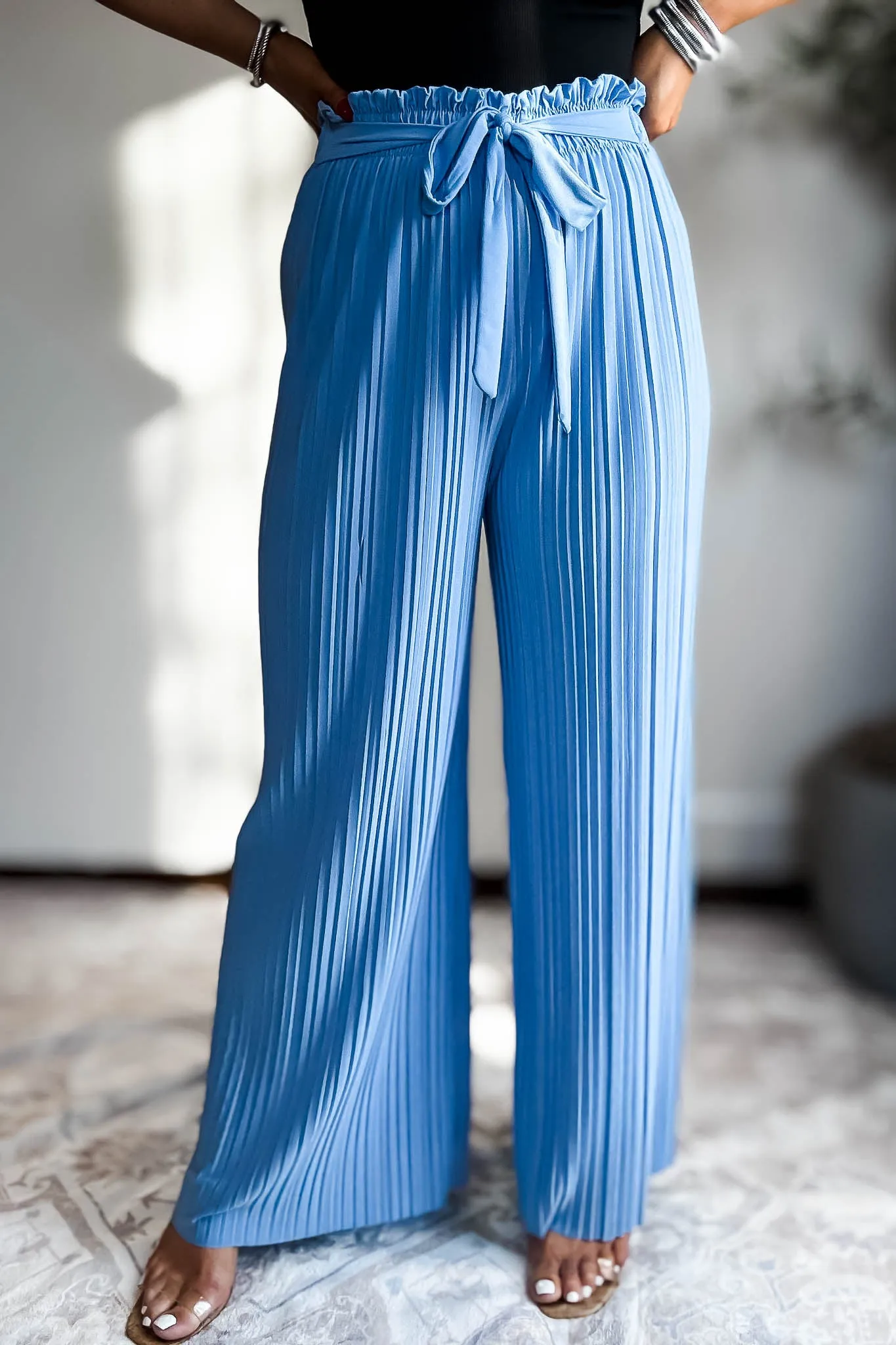 Pleated Blue Wide Leg Paperback Self Tie Pants