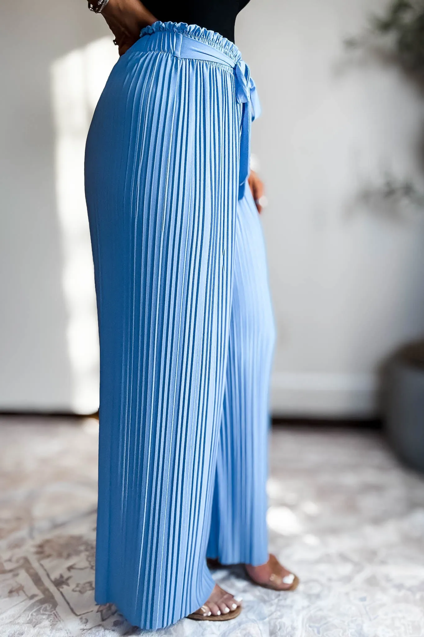 Pleated Blue Wide Leg Paperback Self Tie Pants