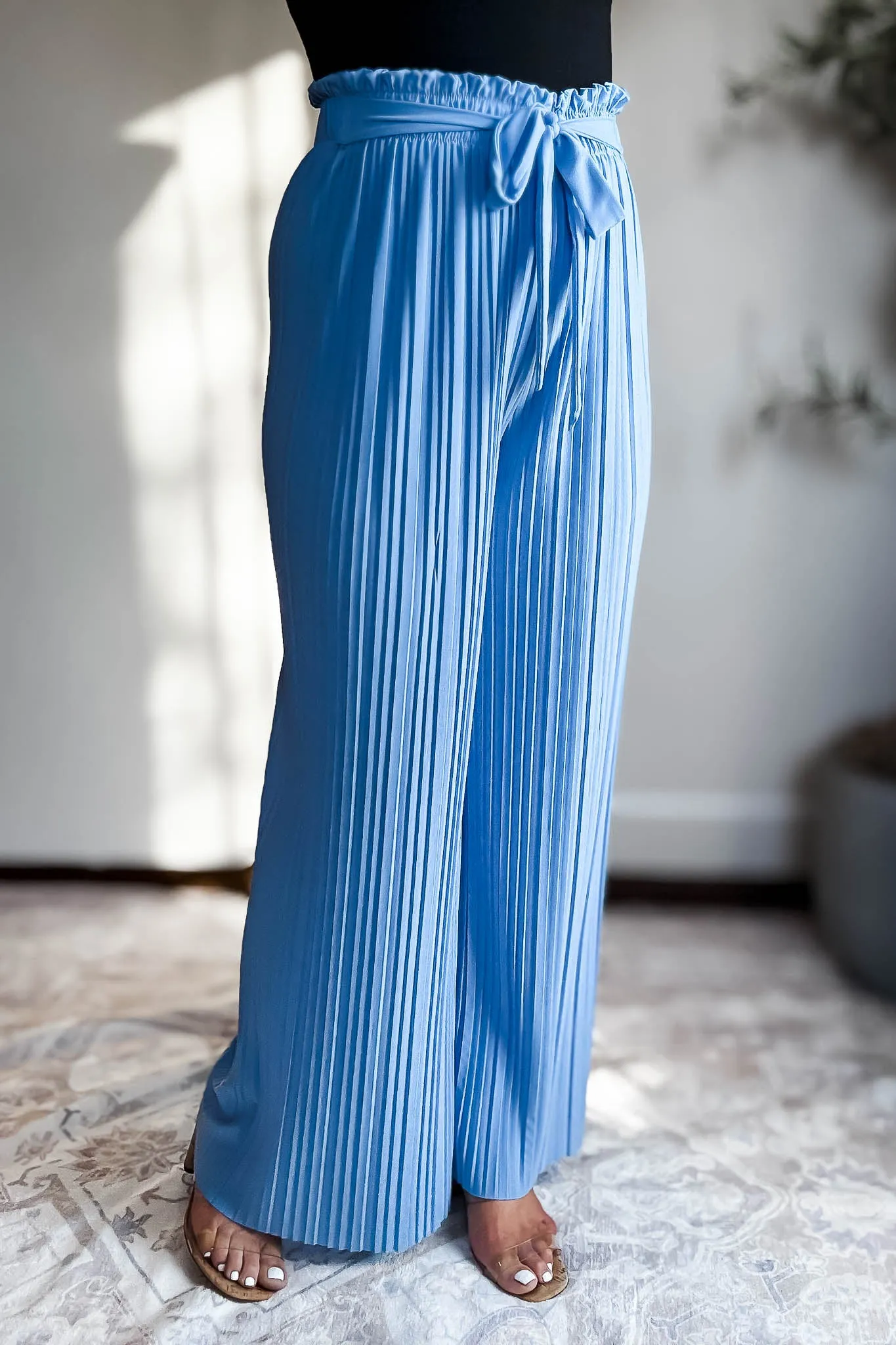 Pleated Blue Wide Leg Paperback Self Tie Pants