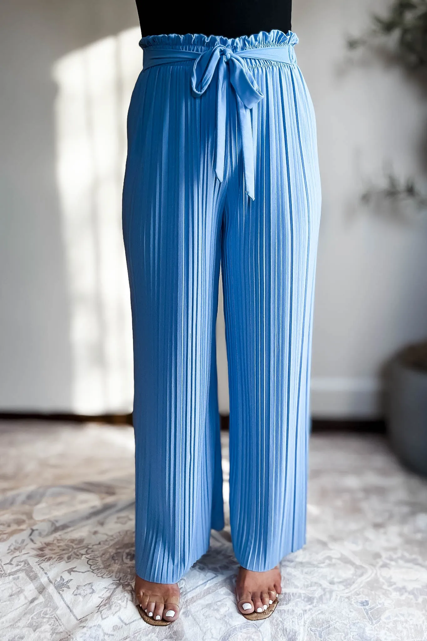 Pleated Blue Wide Leg Paperback Self Tie Pants