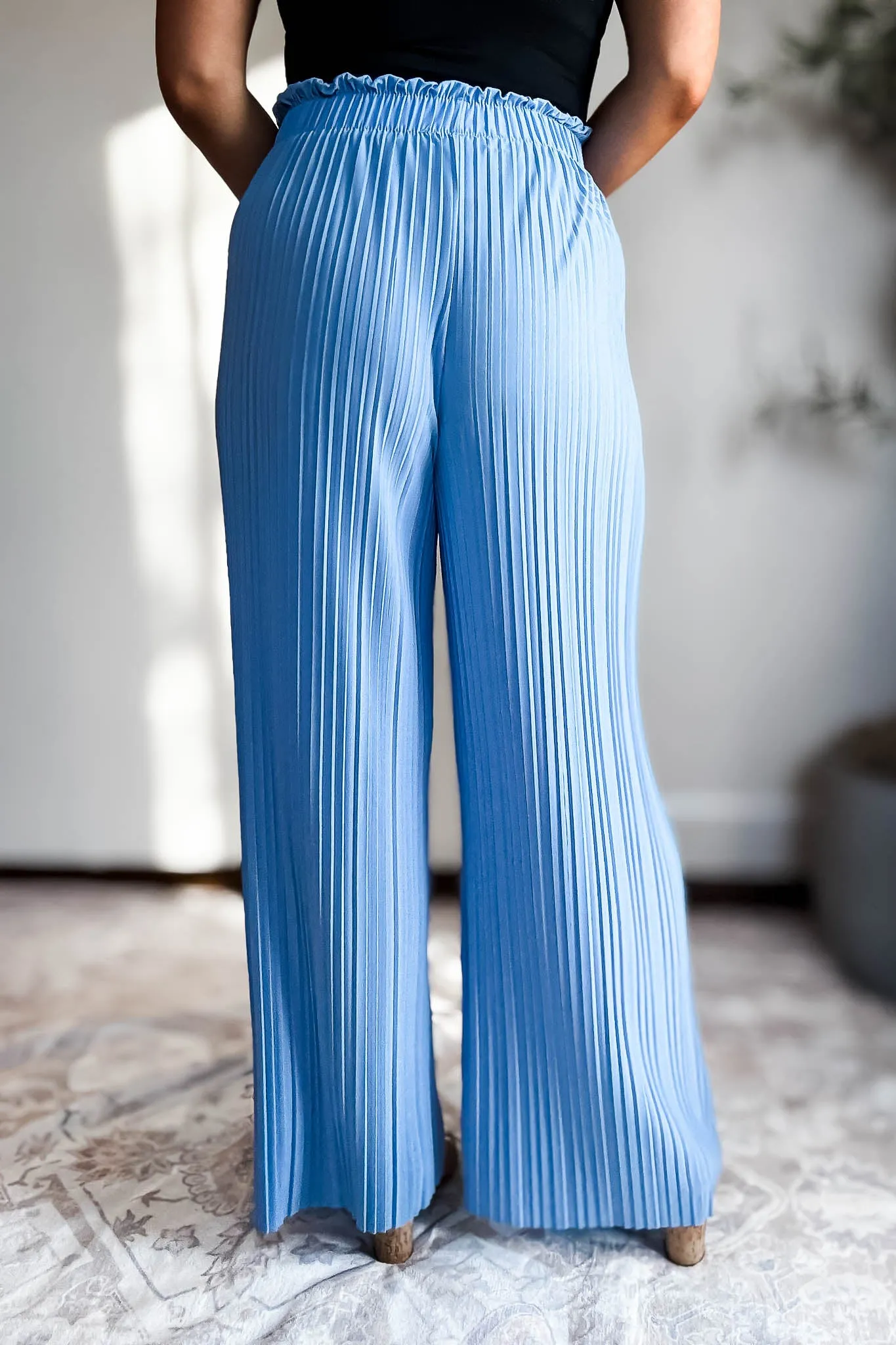 Pleated Blue Wide Leg Paperback Self Tie Pants
