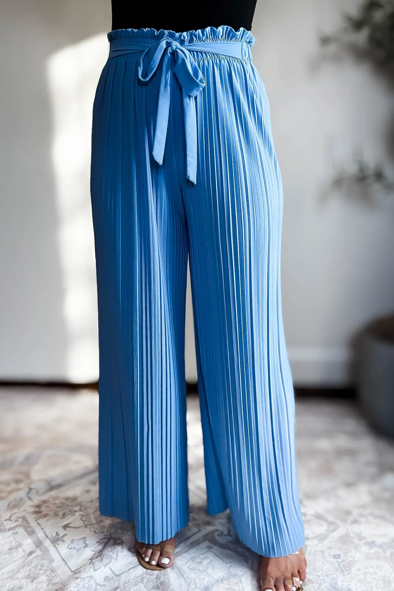 Pleated Blue Wide Leg Paperback Self Tie Pants
