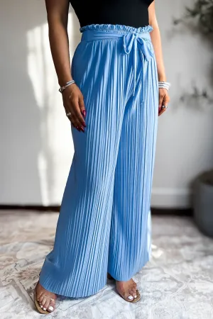 Pleated Blue Wide Leg Paperback Self Tie Pants