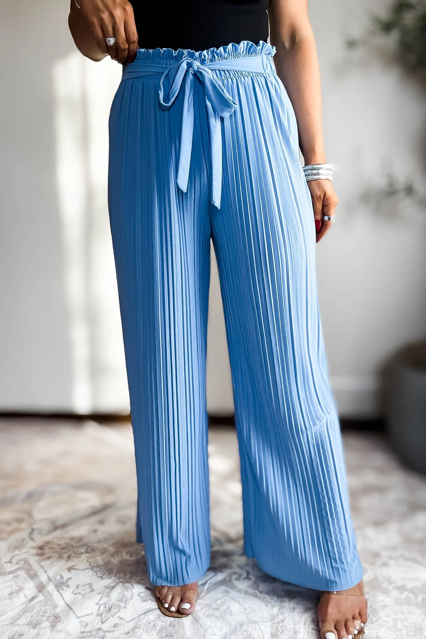 Pleated Blue Wide Leg Paperback Self Tie Pants