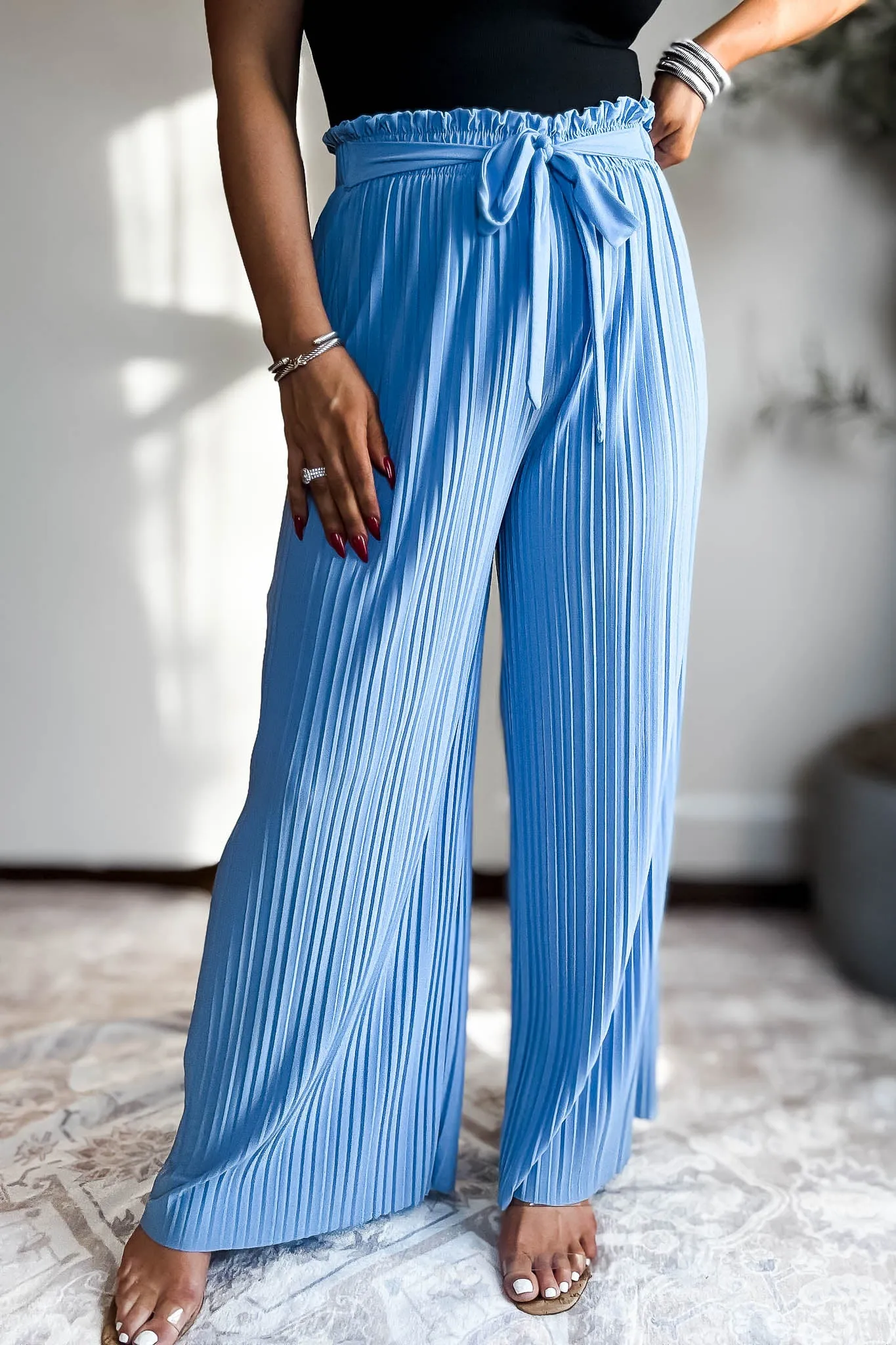 Pleated Blue Wide Leg Paperback Self Tie Pants