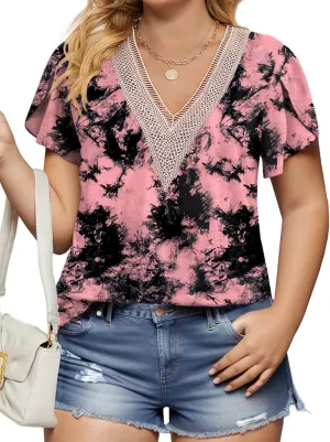 Plus-Size-Womens-Summer-Tops 2024 Lace Trim V Neck T Shirts Petal Short Sleeve Tunics Trendy Going Out Blouses XL-5XL