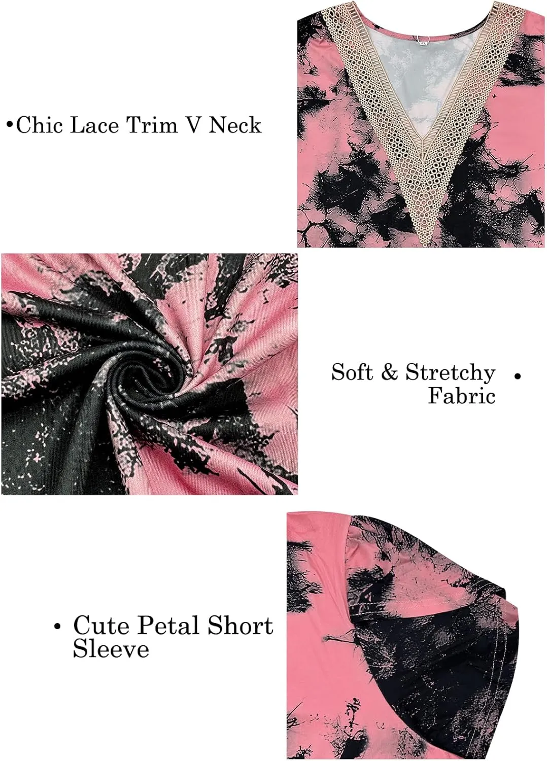 Plus-Size-Womens-Summer-Tops 2024 Lace Trim V Neck T Shirts Petal Short Sleeve Tunics Trendy Going Out Blouses XL-5XL
