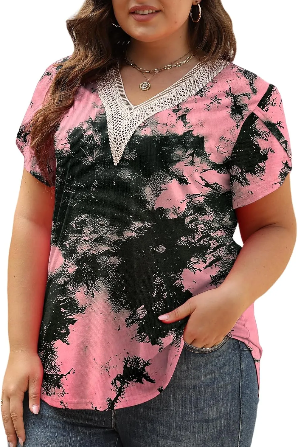 Plus-Size-Womens-Summer-Tops 2024 Lace Trim V Neck T Shirts Petal Short Sleeve Tunics Trendy Going Out Blouses XL-5XL