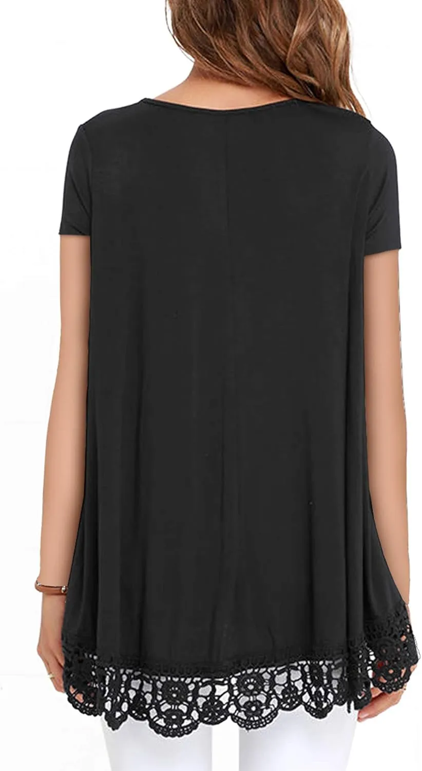 RAGEMALL Women's Tops Short Sleeve Lace Trim O-Neck A-Line Tunic Blouse Tops for Women