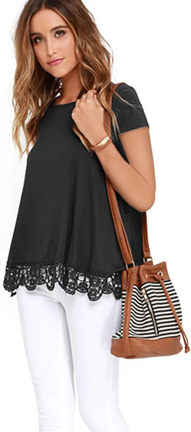 RAGEMALL Women's Tops Short Sleeve Lace Trim O-Neck A-Line Tunic Blouse Tops for Women