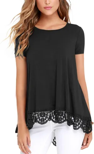 RAGEMALL Women's Tops Short Sleeve Lace Trim O-Neck A-Line Tunic Blouse Tops for Women