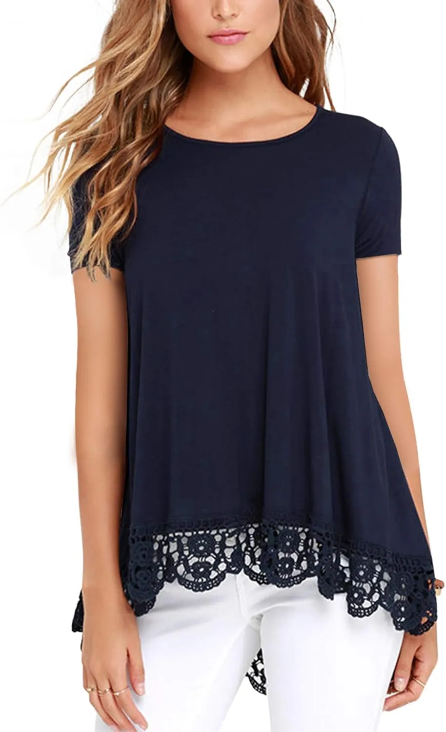 RAGEMALL Women's Tops Short Sleeve Lace Trim O-Neck A-Line Tunic Blouse Tops for Women