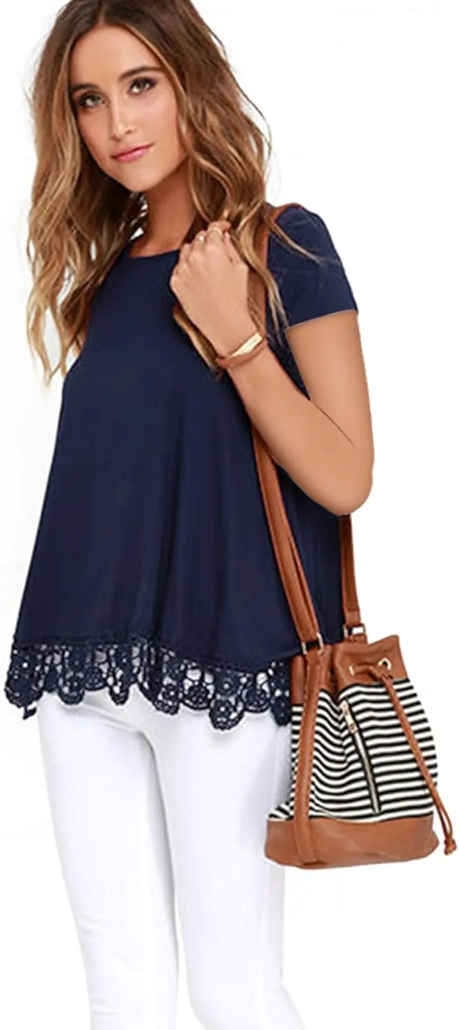 RAGEMALL Women's Tops Short Sleeve Lace Trim O-Neck A-Line Tunic Blouse Tops for Women
