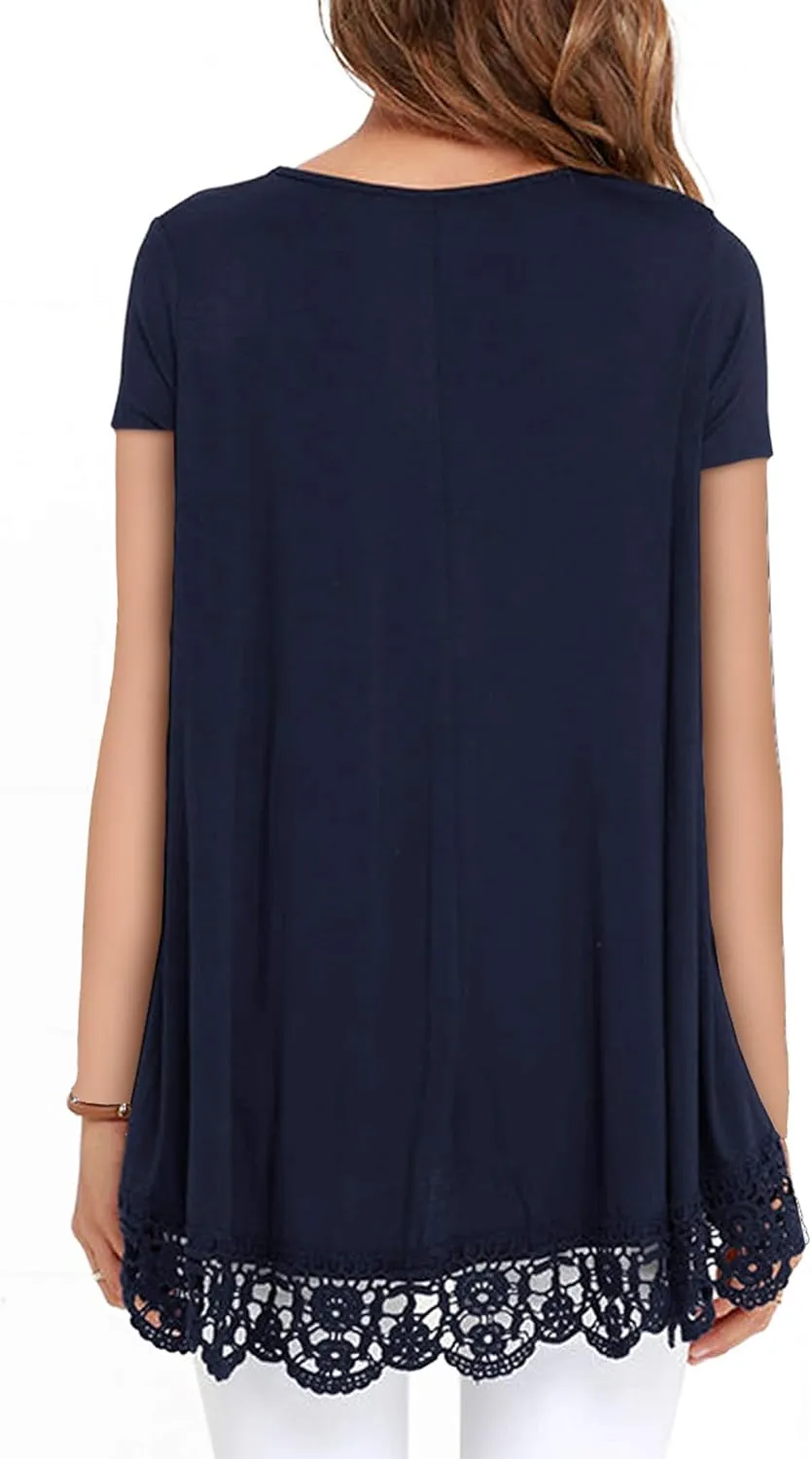 RAGEMALL Women's Tops Short Sleeve Lace Trim O-Neck A-Line Tunic Blouse Tops for Women