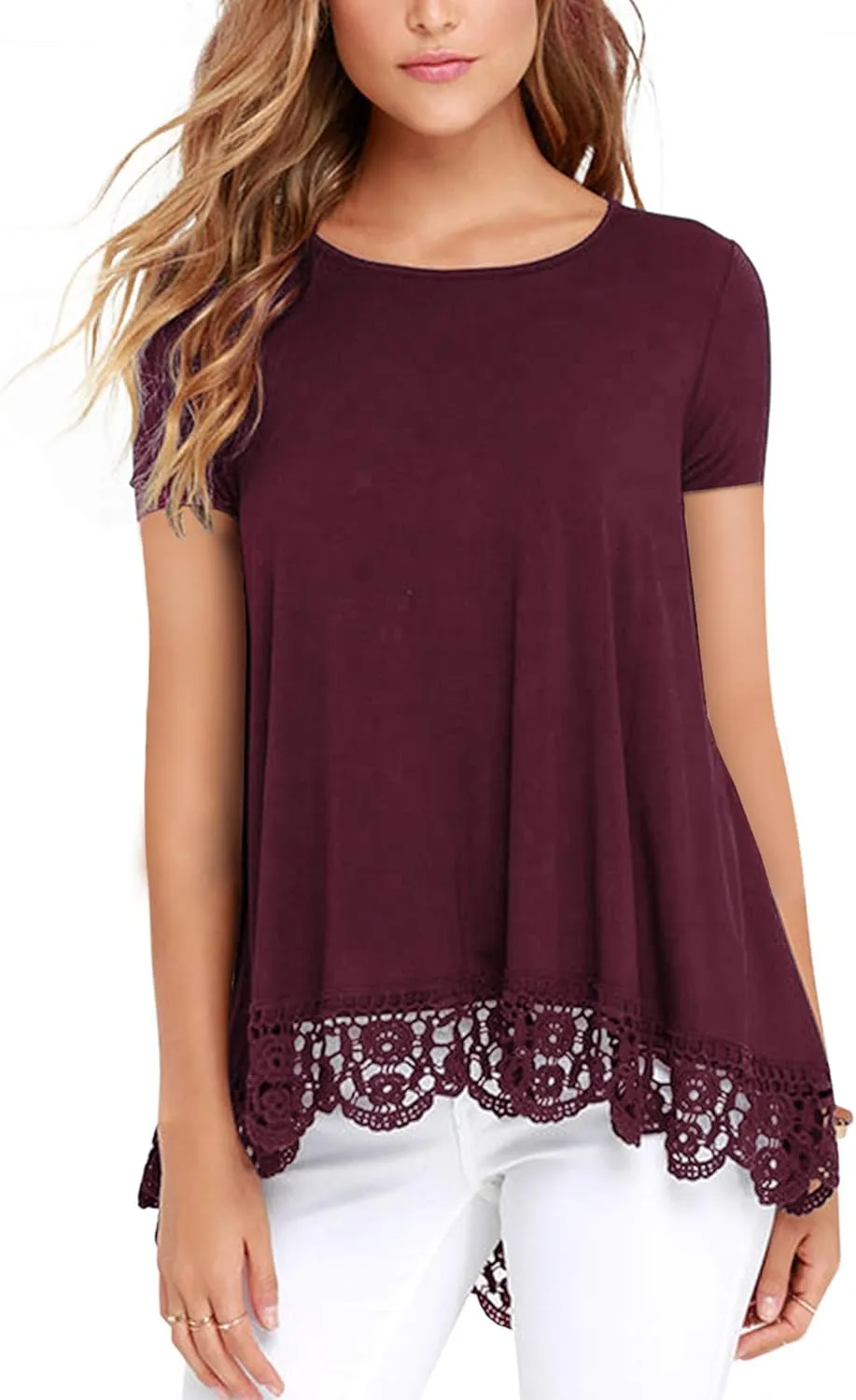 RAGEMALL Women's Tops Short Sleeve Lace Trim O-Neck A-Line Tunic Blouse Tops for Women