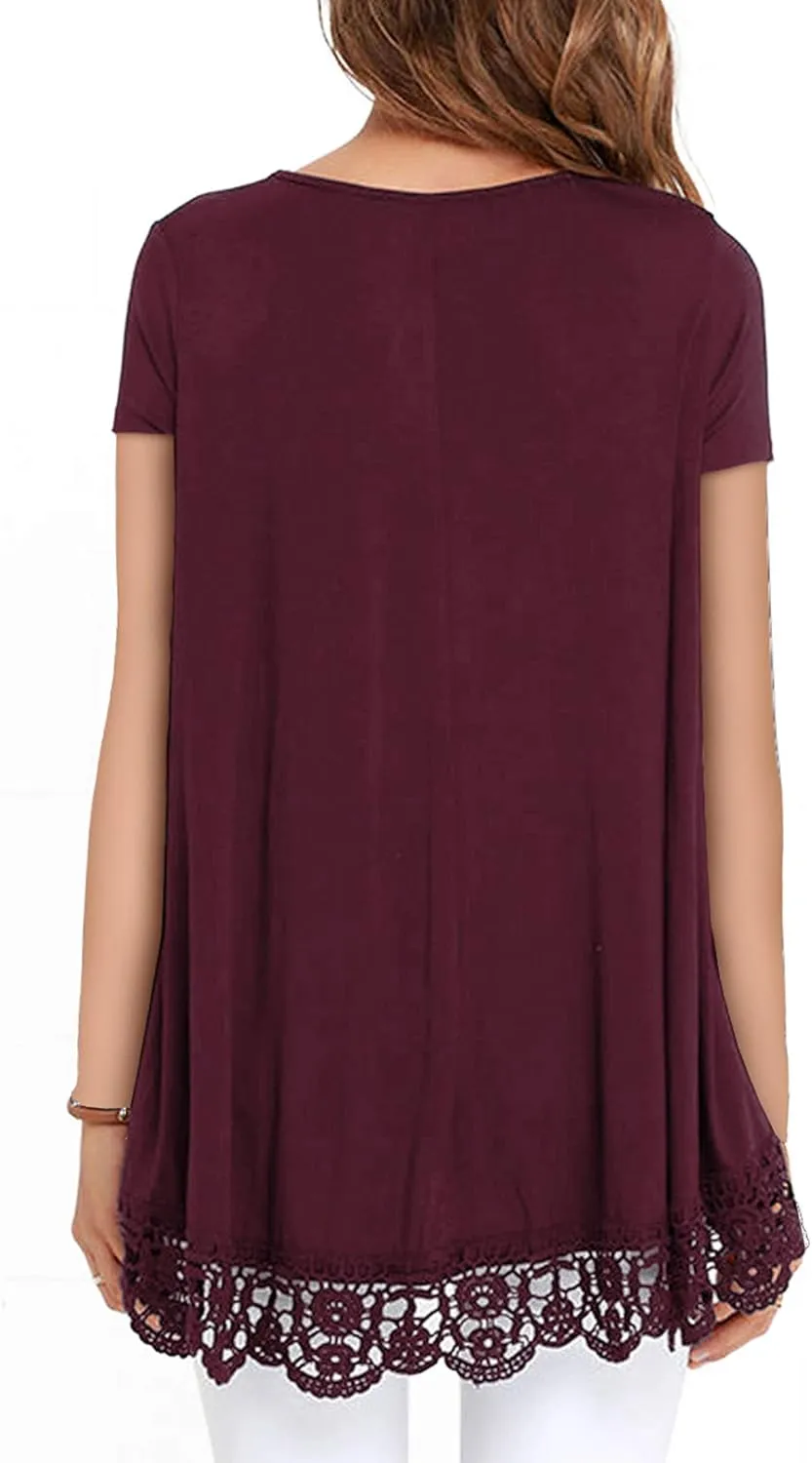 RAGEMALL Women's Tops Short Sleeve Lace Trim O-Neck A-Line Tunic Blouse Tops for Women