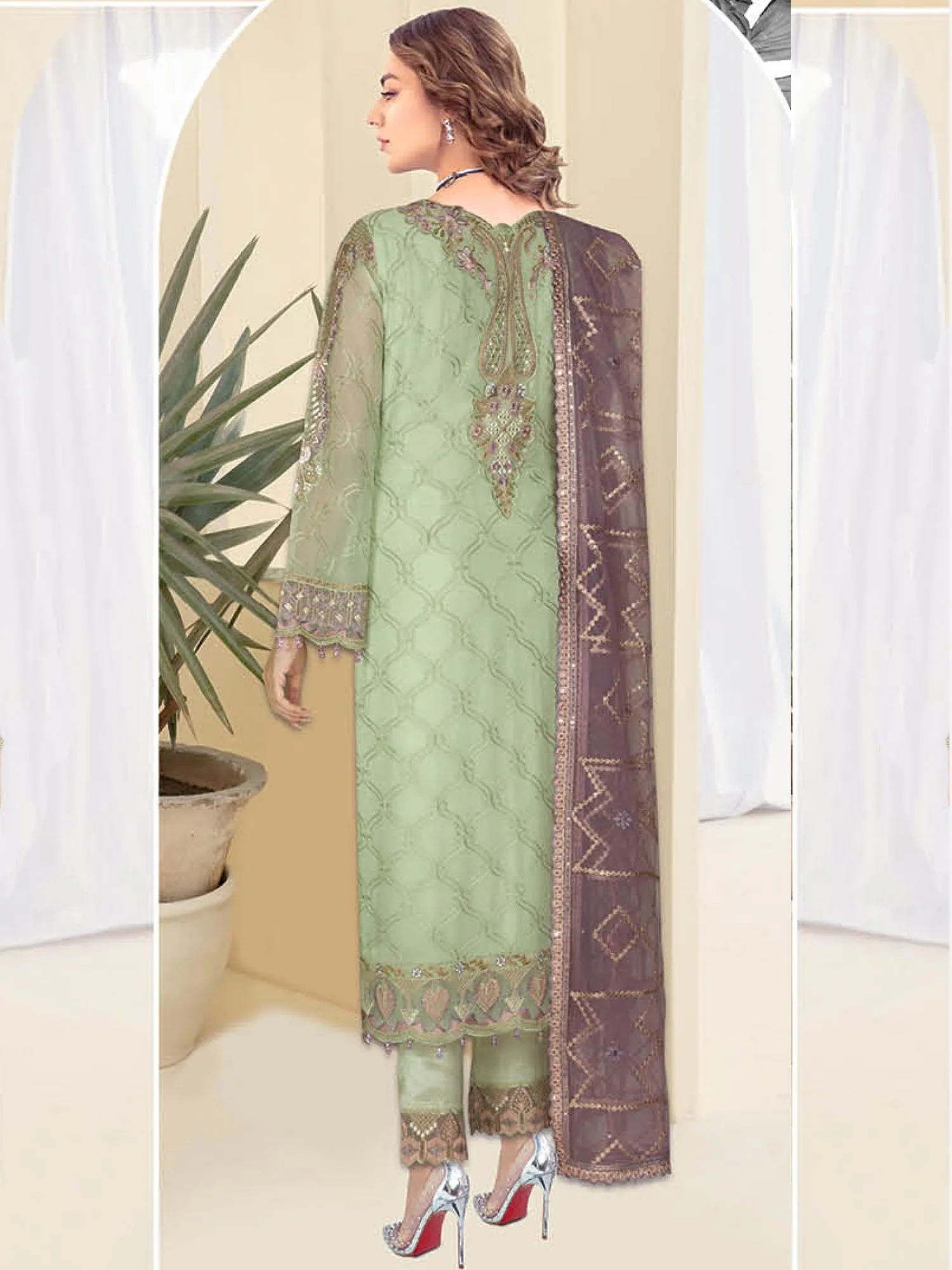 Ramsha "Kashish" Luxury Embroidered Chiffon Suit - Light Green