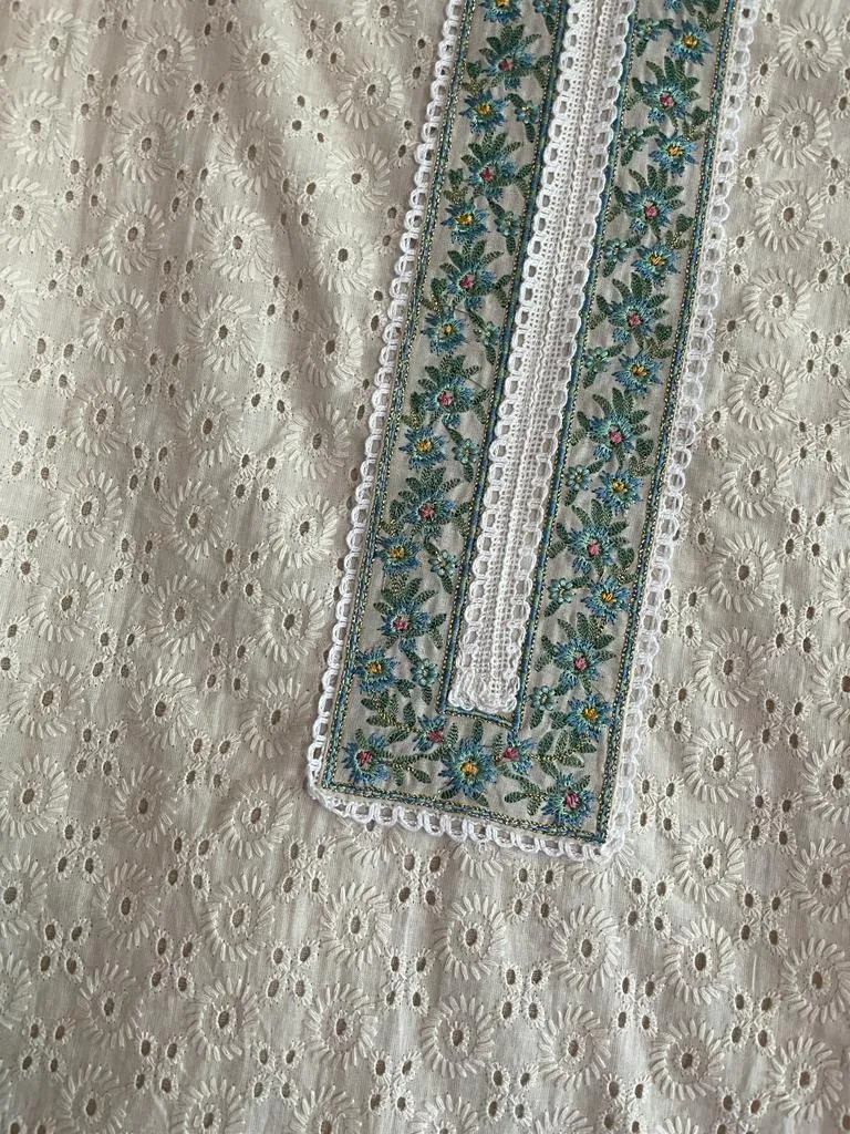 RFSS1136 - Cotton Hakoba Suit in Off-White. Comes with straight Pants and Blue Chiffon Printed Dupatta