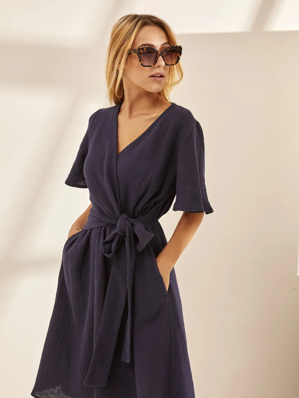 Romana Dress in Navy Cotton Gauze