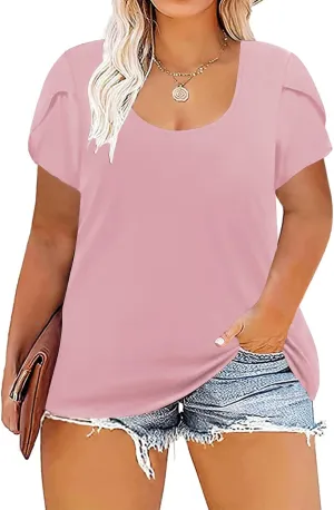 ROSRISS Womens Plus-Size Tops Summer Petal Short Sleeve Scoop Neck Shirts
