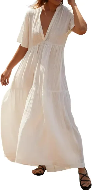 R.Vivimos Womens Summer Cotton Flowy Maxi Dress Short Sleeve V Neck Empire Waist Boho Tiered Ruffle Casual Loose Long Dresses
