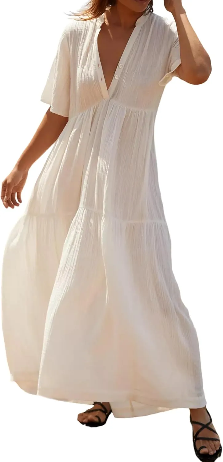 R.Vivimos Womens Summer Cotton Flowy Maxi Dress Short Sleeve V Neck Empire Waist Boho Tiered Ruffle Casual Loose Long Dresses