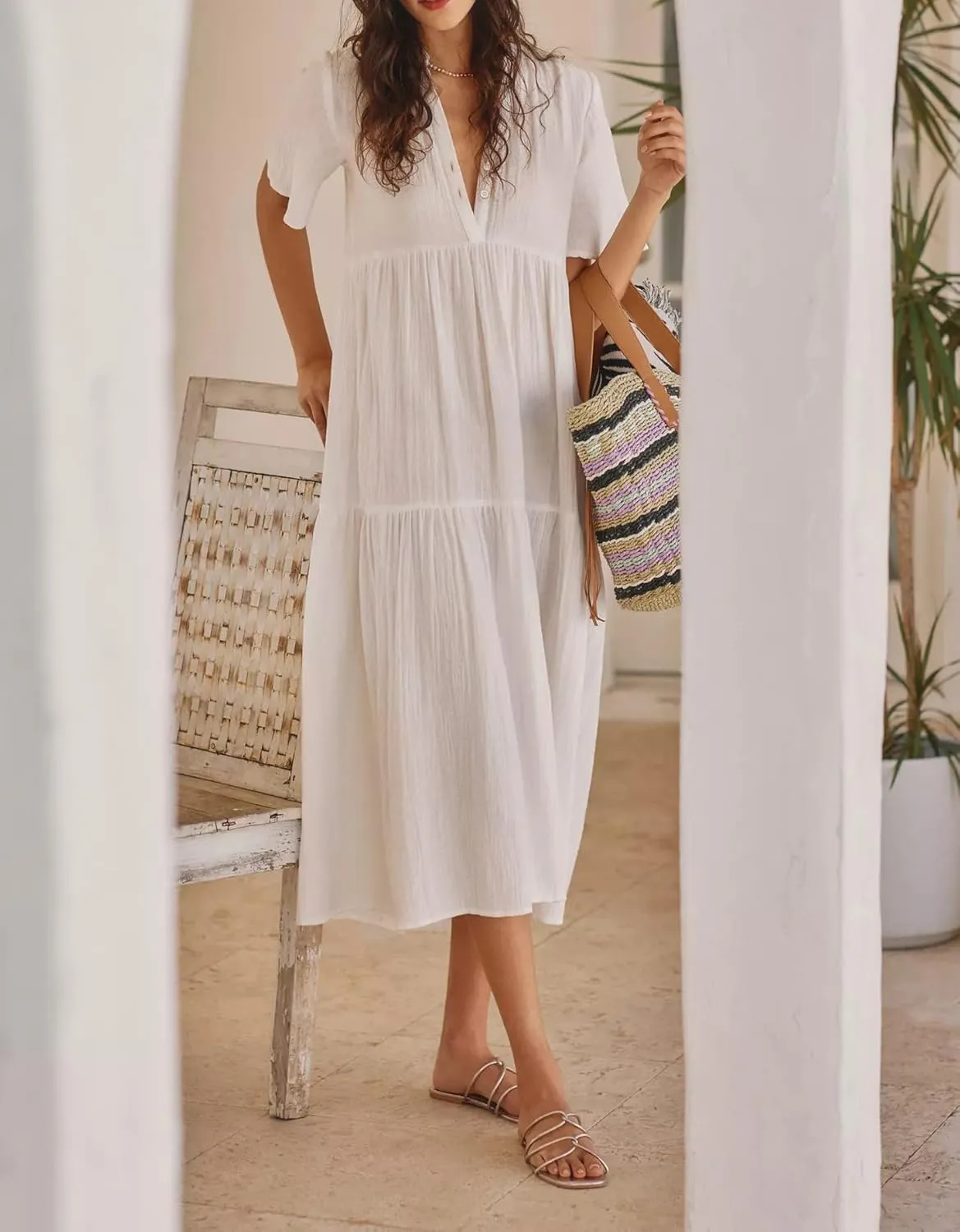 R.Vivimos Womens Summer Cotton Flowy Maxi Dress Short Sleeve V Neck Empire Waist Boho Tiered Ruffle Casual Loose Long Dresses