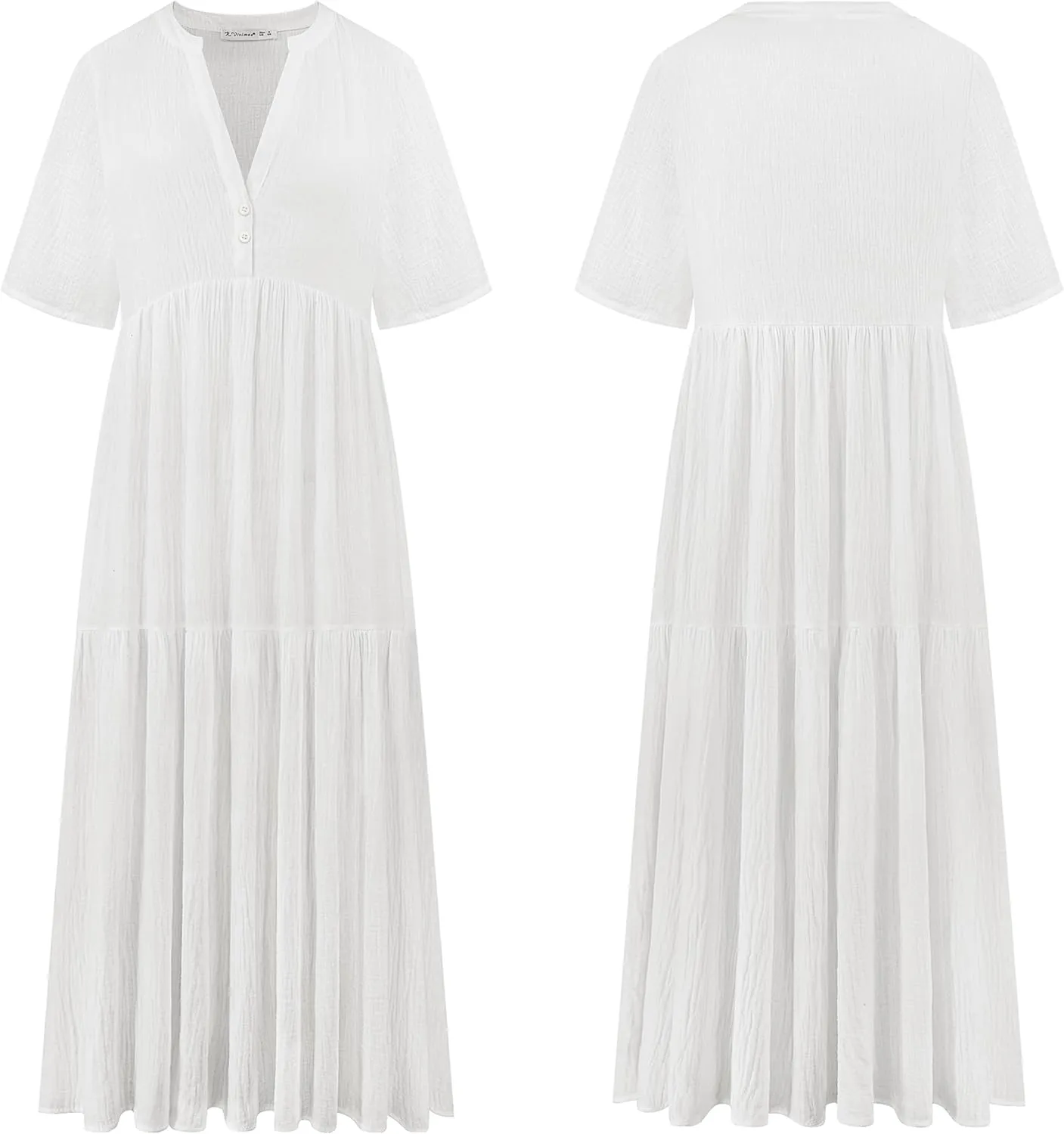 R.Vivimos Womens Summer Cotton Flowy Maxi Dress Short Sleeve V Neck Empire Waist Boho Tiered Ruffle Casual Loose Long Dresses