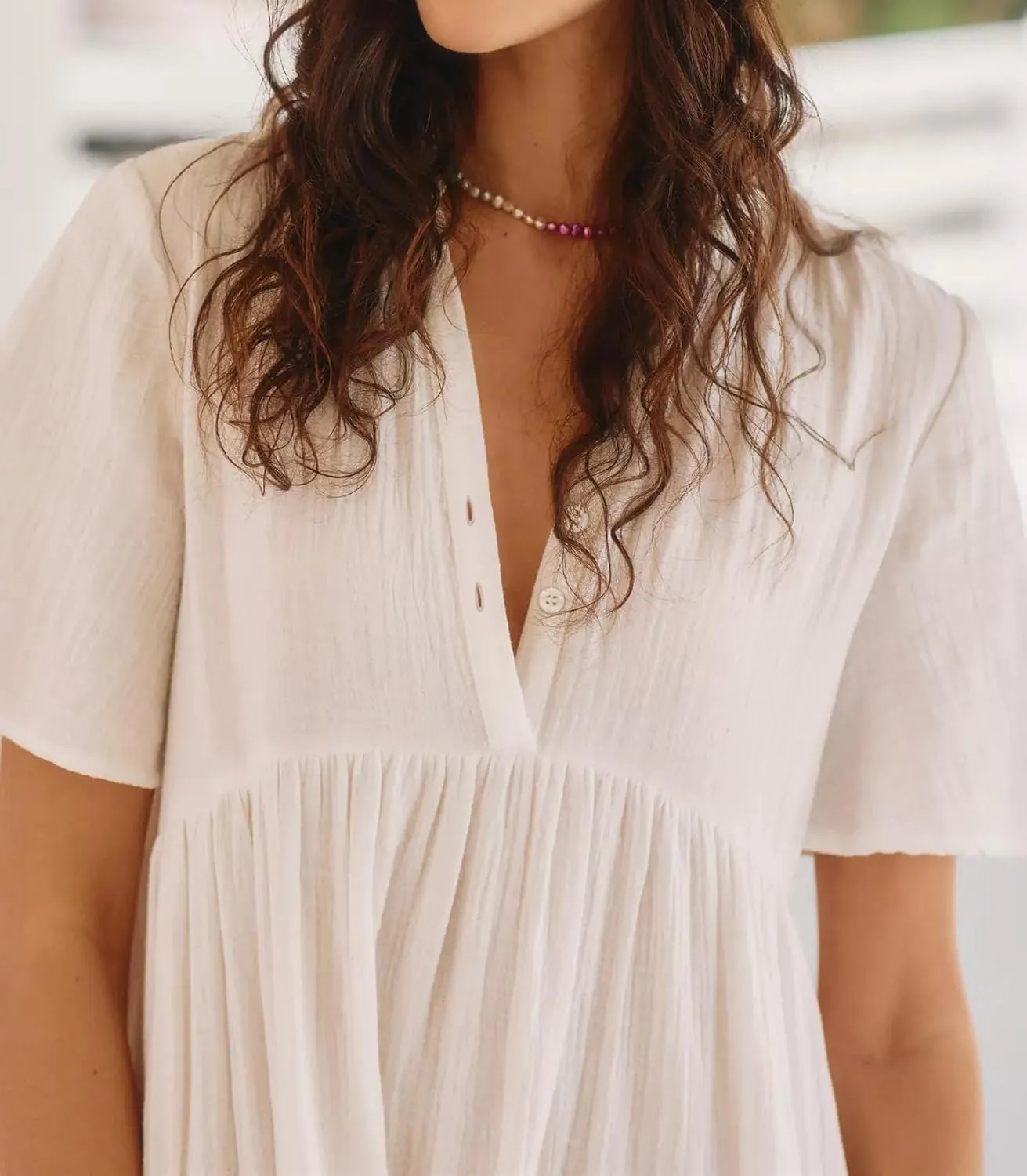 R.Vivimos Womens Summer Cotton Flowy Maxi Dress Short Sleeve V Neck Empire Waist Boho Tiered Ruffle Casual Loose Long Dresses