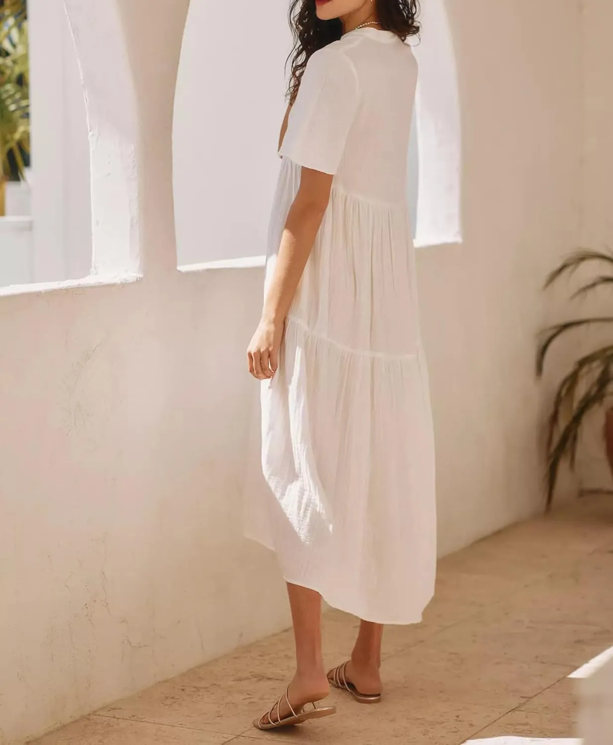 R.Vivimos Womens Summer Cotton Flowy Maxi Dress Short Sleeve V Neck Empire Waist Boho Tiered Ruffle Casual Loose Long Dresses