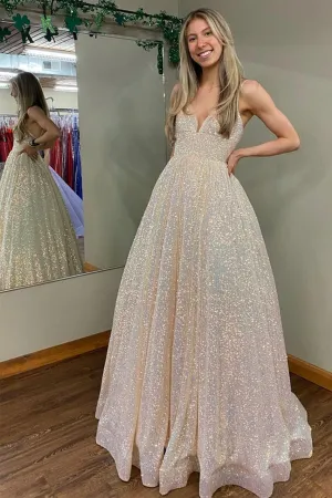 Shiny V Neck Backless Champagne Long Prom Dress, Long Champagne Formal Graduation Evening Dress A1690
