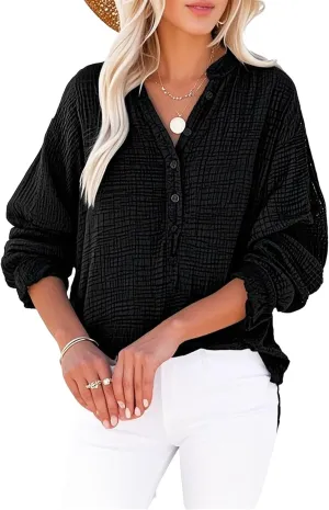 Simplifyleast Womens Casual Button V Neck Long Sleeve Shirts Oversized Solid Blouses Tops Lightweight Gauze Muslin Shirt
