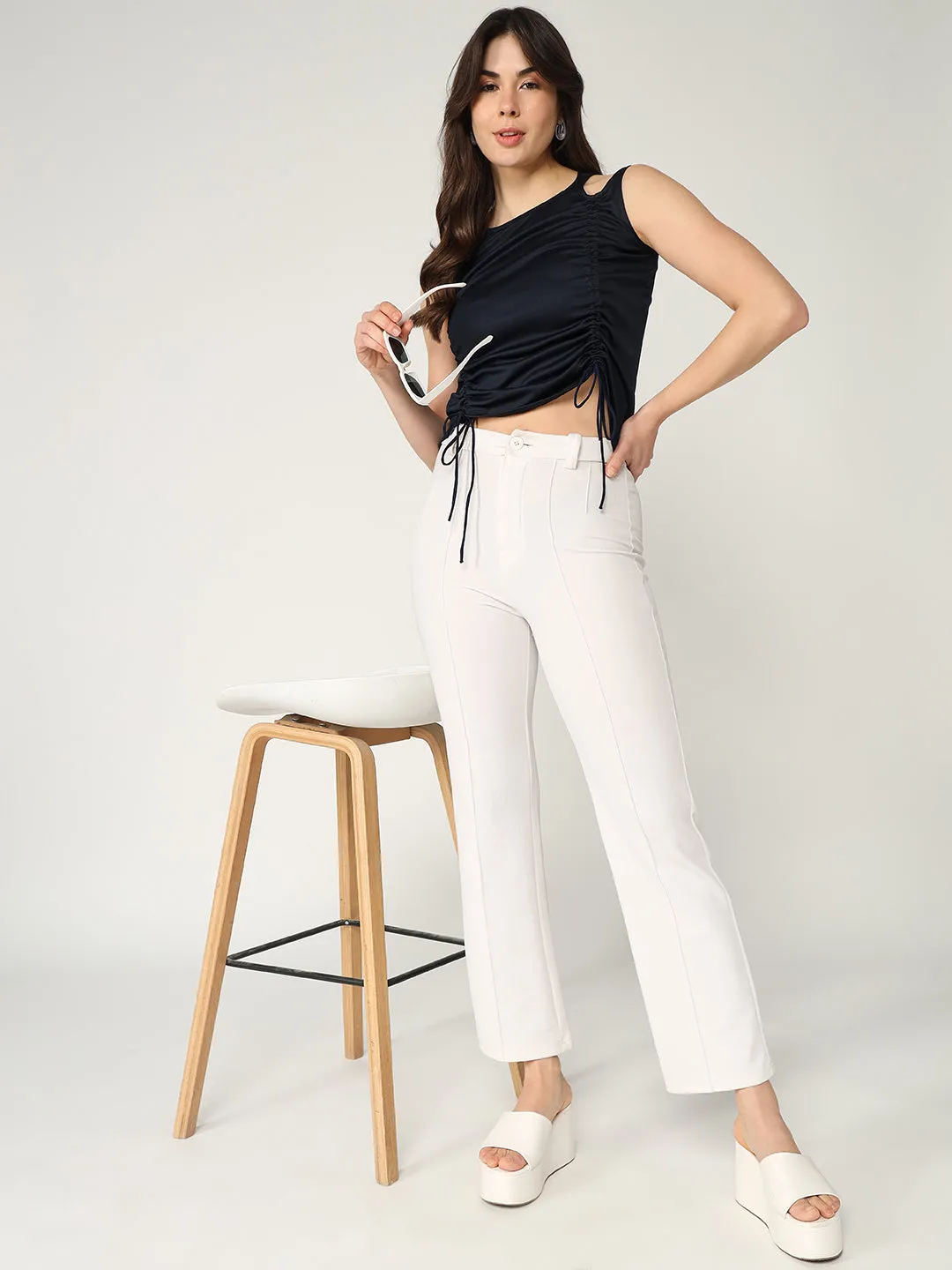 Solid Sleeveless Top With Ruched Drawstring Detailing