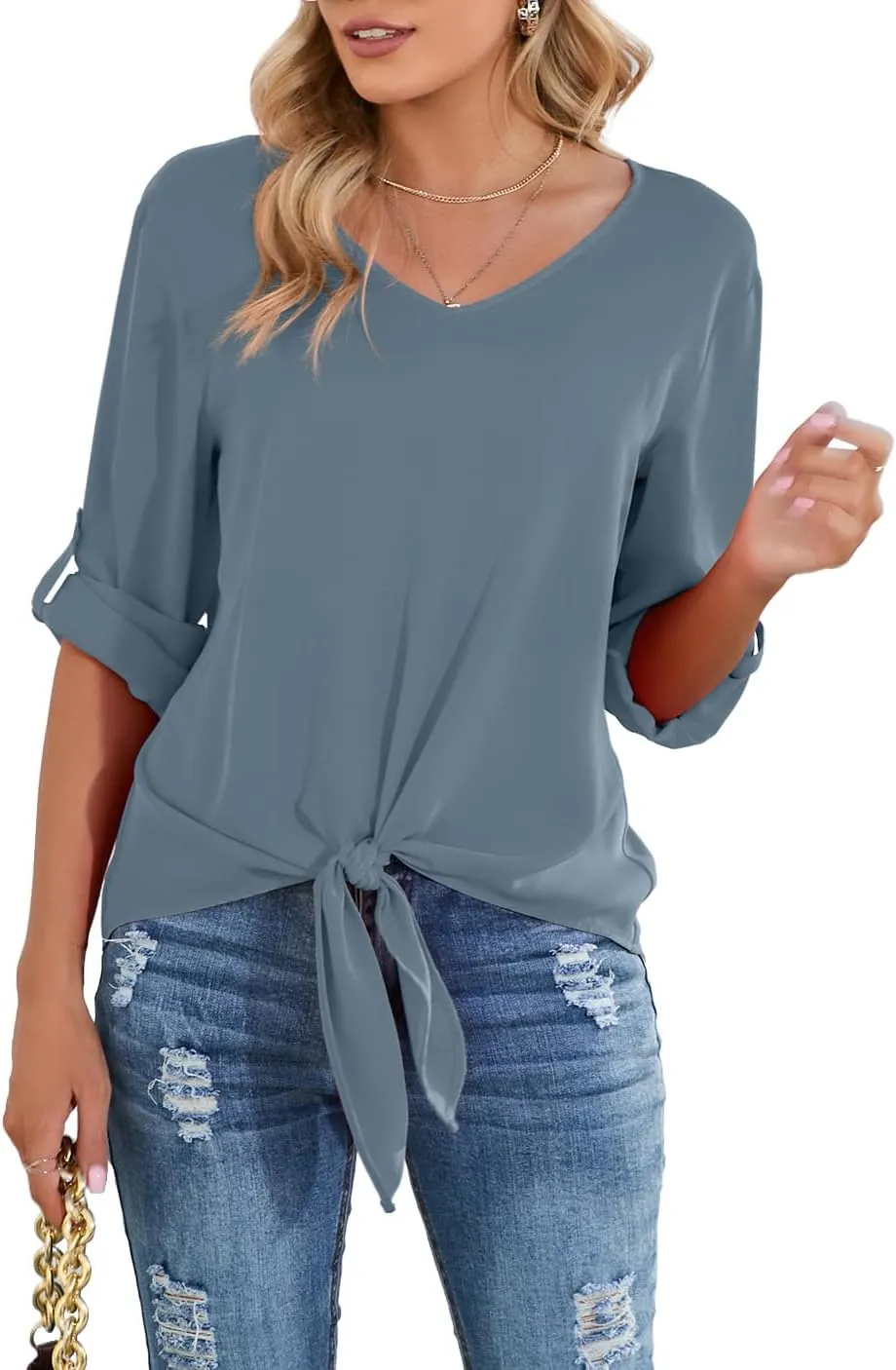 SUEANI Women's Tie Front Tops Roll Up Sleeve V Neck Chiffon Blouse Casual Work Shirt