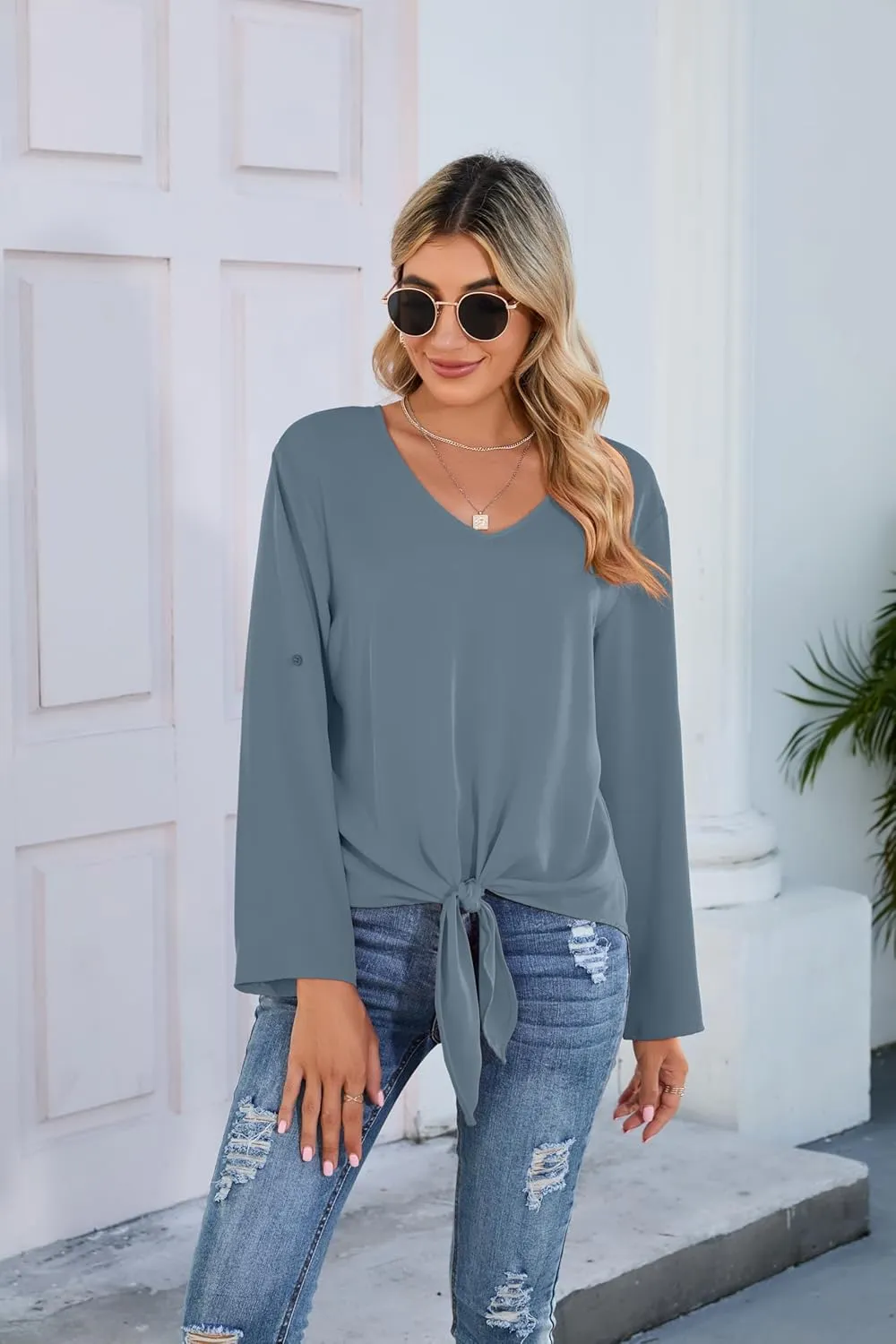 SUEANI Women's Tie Front Tops Roll Up Sleeve V Neck Chiffon Blouse Casual Work Shirt