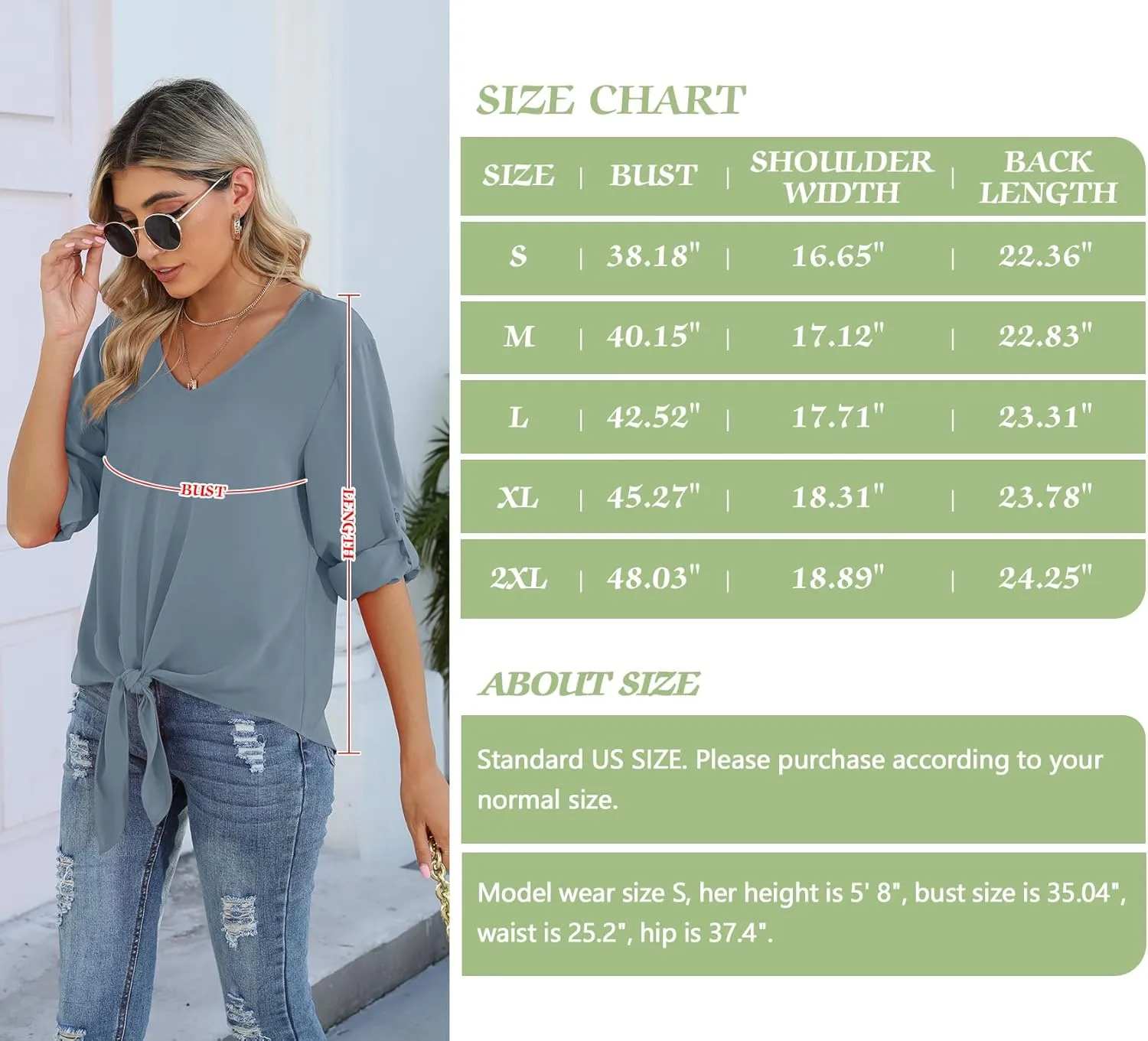 SUEANI Women's Tie Front Tops Roll Up Sleeve V Neck Chiffon Blouse Casual Work Shirt