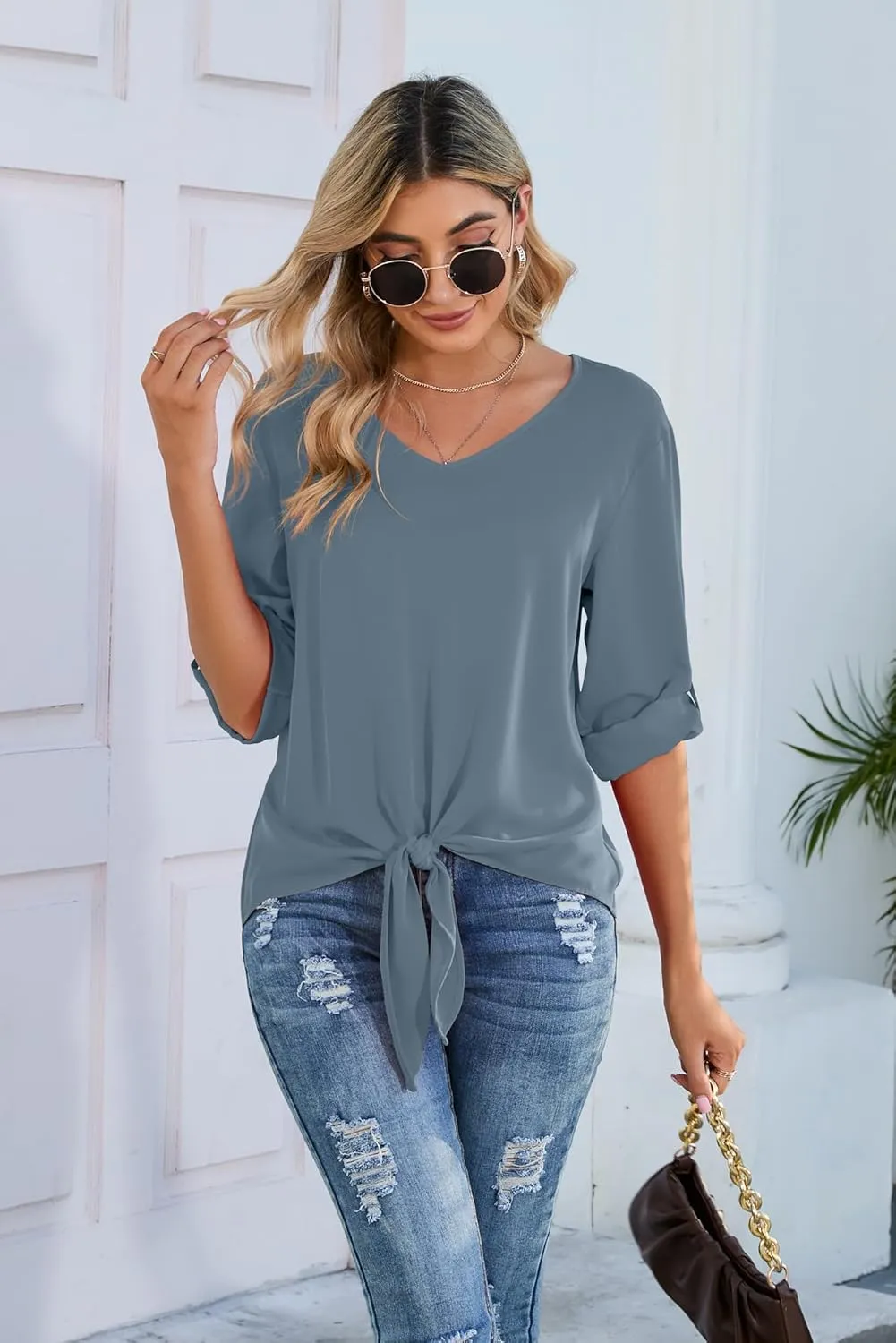 SUEANI Women's Tie Front Tops Roll Up Sleeve V Neck Chiffon Blouse Casual Work Shirt