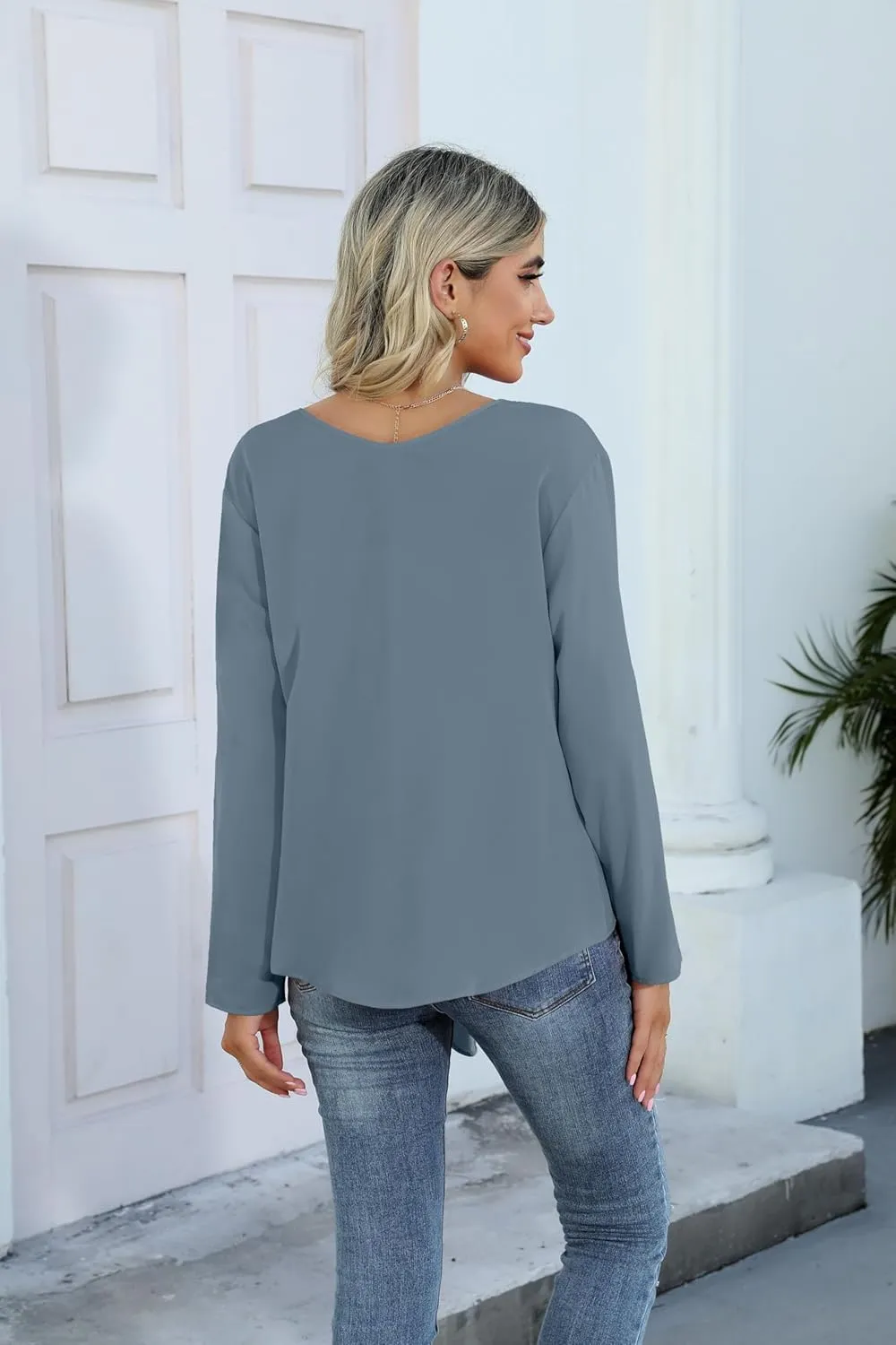 SUEANI Women's Tie Front Tops Roll Up Sleeve V Neck Chiffon Blouse Casual Work Shirt