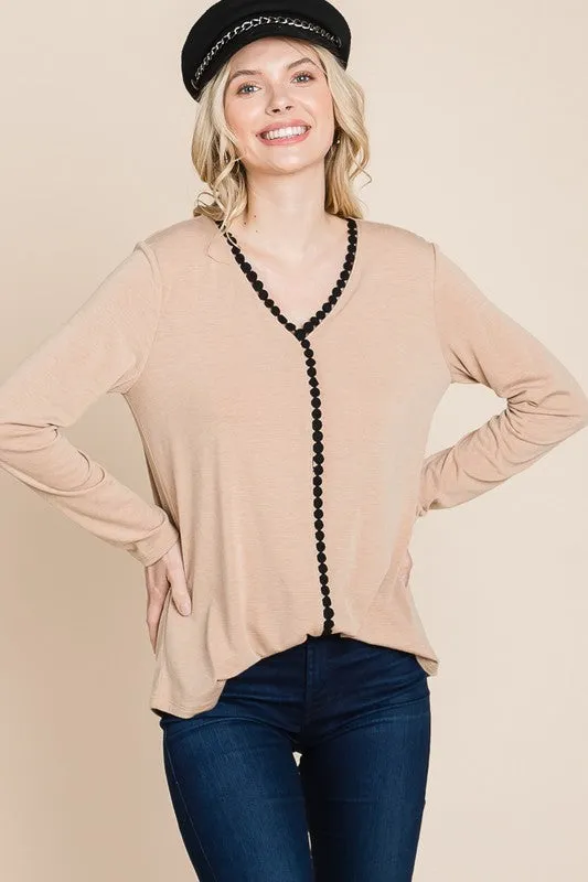 Super Lady Full Size Lace Contrast Long Sleeve Blouse