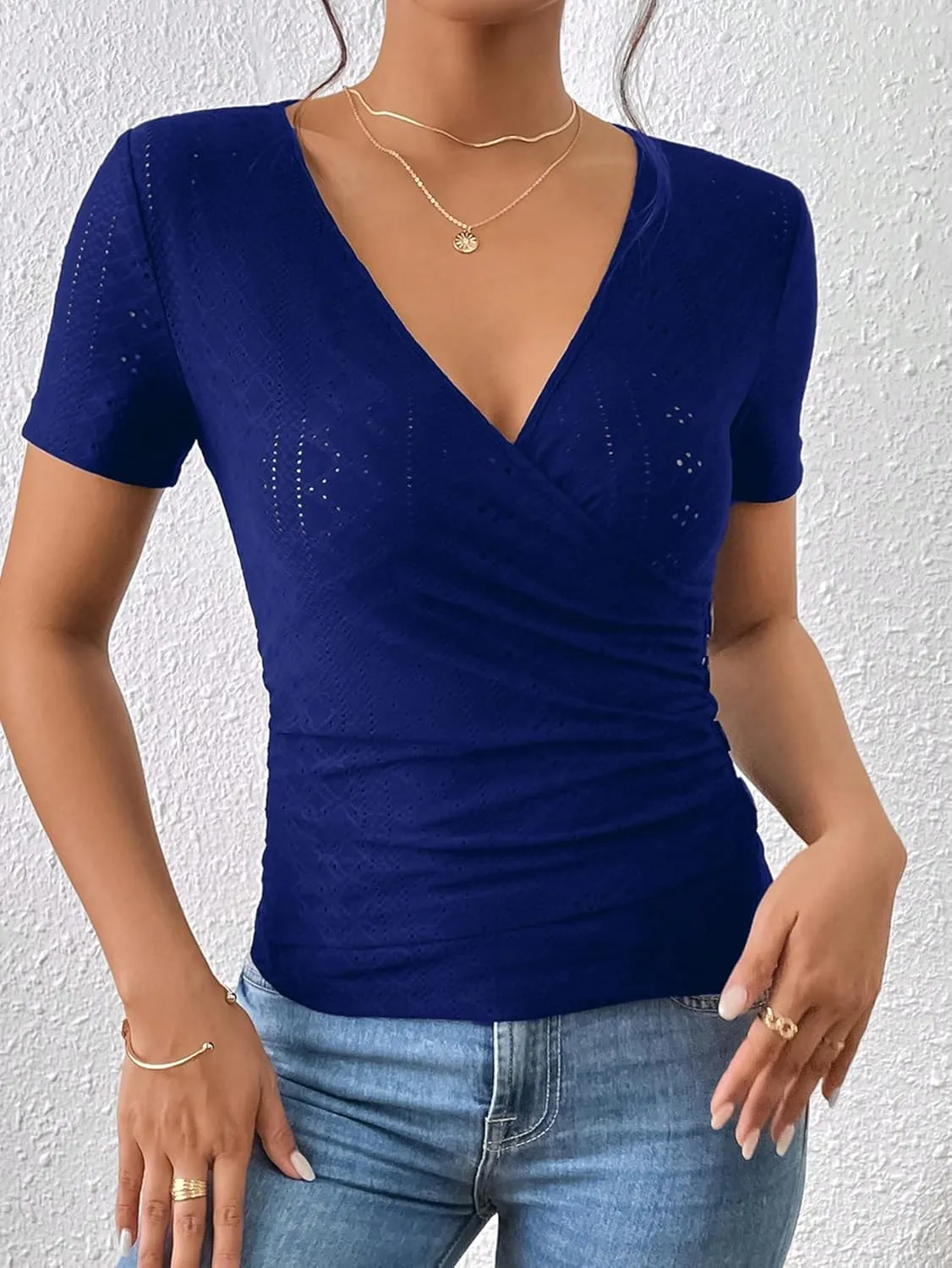 SweatyRocks Women's Short Sleeve V Neck Wrap Top Eyelet Embroidery Ruched Button Side Slim Fit T Shirt