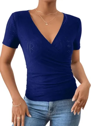 SweatyRocks Women's Short Sleeve V Neck Wrap Top Eyelet Embroidery Ruched Button Side Slim Fit T Shirt