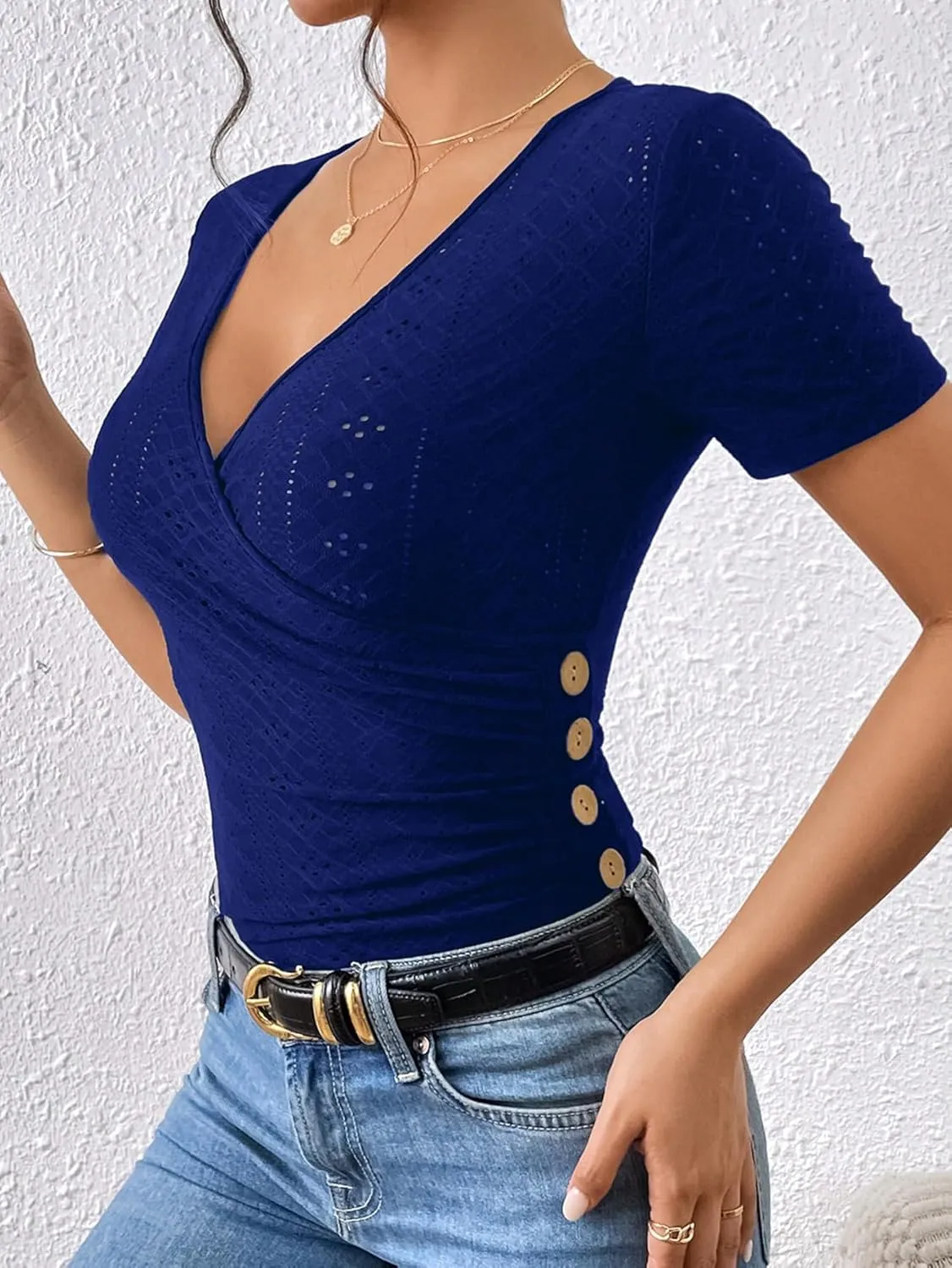 SweatyRocks Women's Short Sleeve V Neck Wrap Top Eyelet Embroidery Ruched Button Side Slim Fit T Shirt
