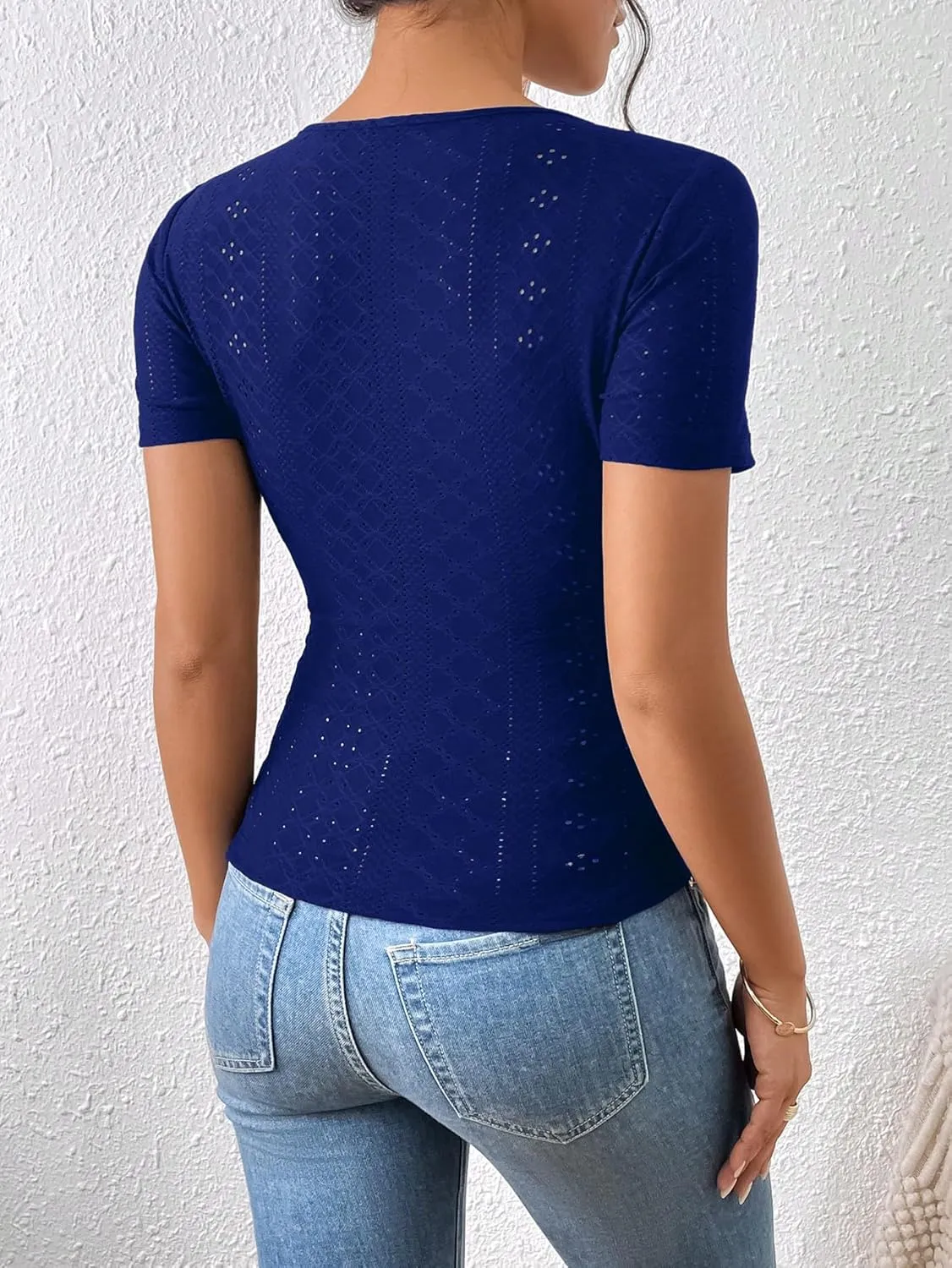 SweatyRocks Women's Short Sleeve V Neck Wrap Top Eyelet Embroidery Ruched Button Side Slim Fit T Shirt