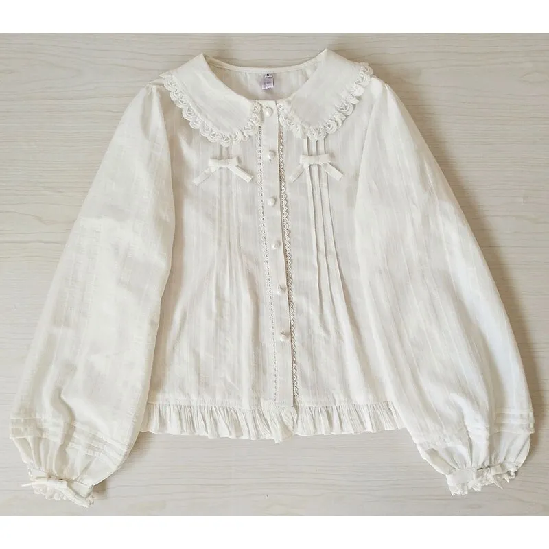 Sweet Lolita Shirt Peter Pan Collar Long Sleeve Fleeced Blouse for Women