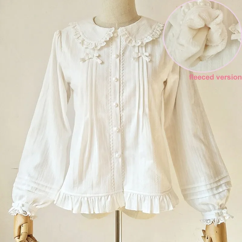 Sweet Lolita Shirt Peter Pan Collar Long Sleeve Fleeced Blouse for Women